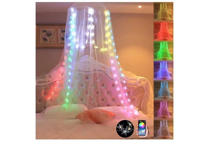 Bed Canopy Curtain with RGB Lights Music Sync Color Changing LED Star Lights with App Remote Mosquito Net Decor
