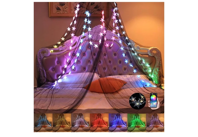 Bed Canopy Curtain with Lights RGB Music Sync Color Changing LED Star Lights with App Remote Mosquito Net Bedroom Canopy