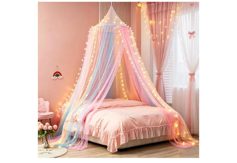 Mosquito Net Bed Canopy Curtains Full Size from Ceiling,Dome Mosquito Netting Bed Tent White Decor (Light Rainbow)