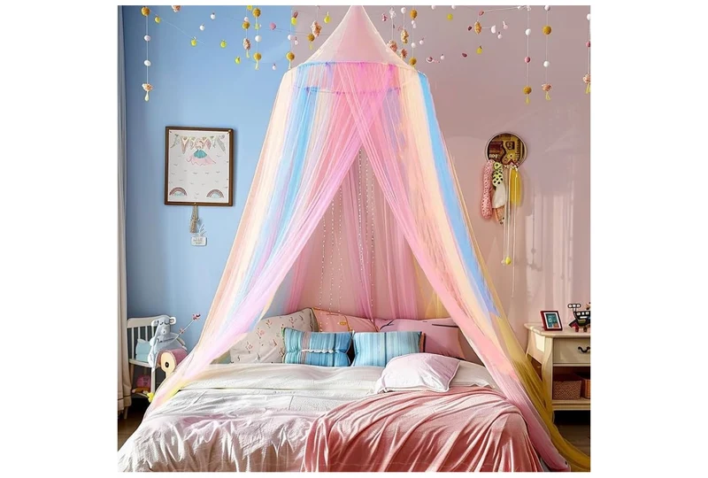 Mosquito Net Bed Canopy Curtains Full Size from Ceiling,Dome Mosquito Netting Bed Tent White Decor (Light Rainbow)