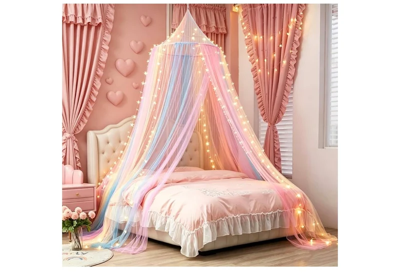 Mosquito Net Bed Canopy Curtains Full Size from Ceiling,Dome Mosquito Netting Bed Tent White Decor (Light Rainbow)