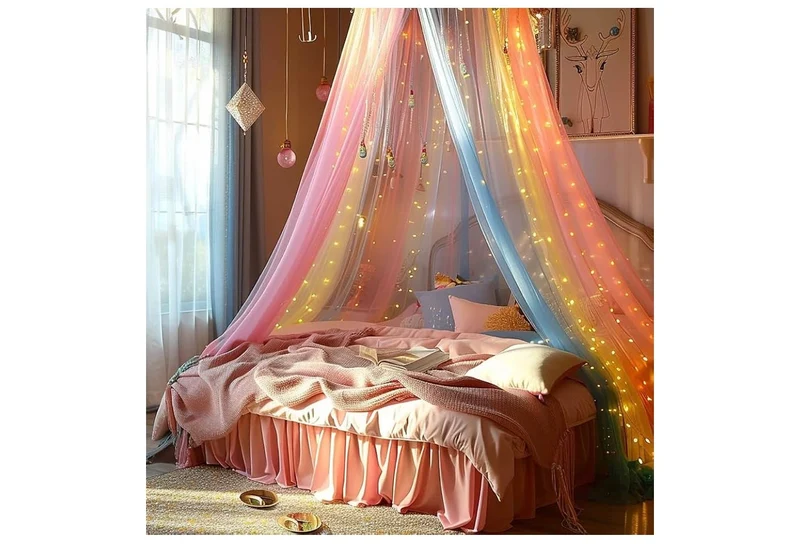 Mosquito Net Bed Canopy Rainbow with LED Lights Bed Curtains Full Size from Ceiling,Dome Mosquito Netting Bed Decor
