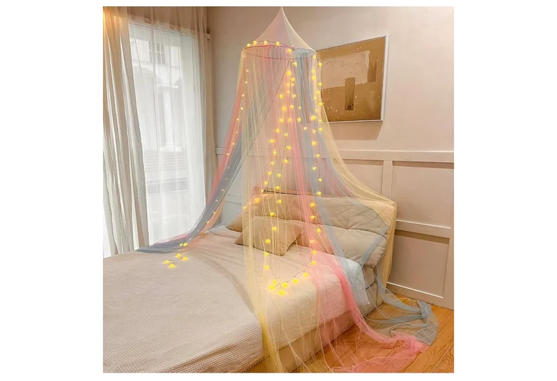 Mosquito Net Bed Canopy Rainbow with LED Lights Bed Curtains Full Size from Ceiling,Dome Mosquito Netting Bed Decor