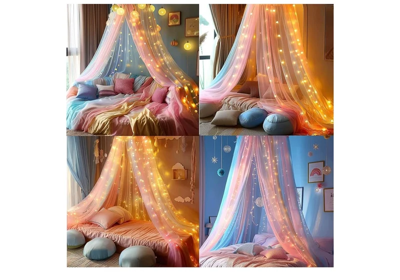 Mosquito Net Bed Canopy Rainbow with LED Lights Bed Curtains Full Size from Ceiling,Dome Mosquito Netting Bed Decor