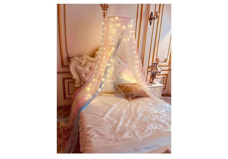 Mosquito Net Bed Canopy Rainbow with LED Lights Bed Curtains Full Size from Ceiling,Dome Mosquito Netting Bed Decor