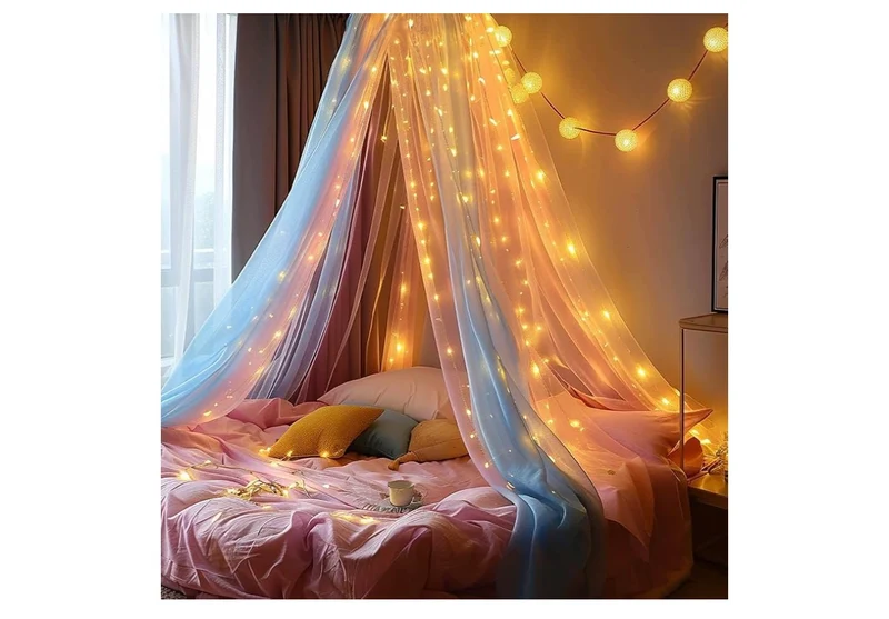 Mosquito Net Bed Canopy Rainbow with LED Lights Bed Curtains Full Size from Ceiling,Dome Mosquito Netting Bed Decor