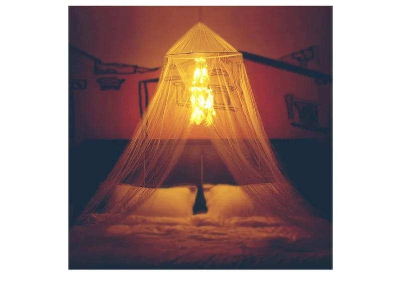 Bed Canopy with Double Circle White Feather Dream Catcher and 50 LED Fairy String Lights - Unique Style Dome Bed Netting Canopy Curtains Canopy
