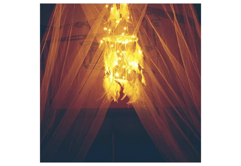 Bed Canopy with Double Circle White Feather Dream Catcher and 50 LED Fairy String Lights - Unique Style Dome Bed Netting Canopy Curtains Canopy