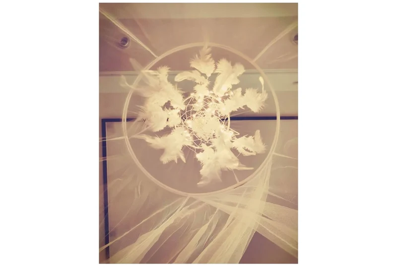 Bed Canopy with Double Circle White Feather Dream Catcher and 50 LED Fairy String Lights - Unique Style Dome Bed Netting Canopy Curtains Canopy