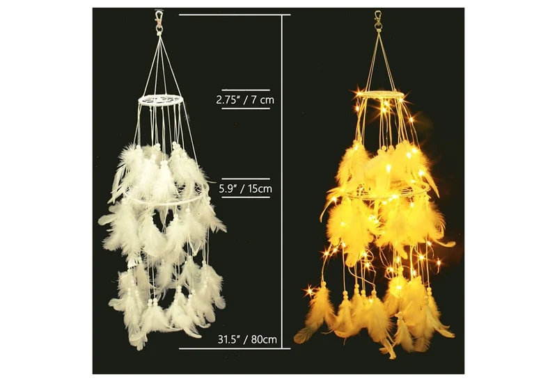Bed Canopy with Double Circle White Feather Dream Catcher and 50 LED Fairy String Lights - Unique Style Dome Bed Netting Canopy Curtains Canopy