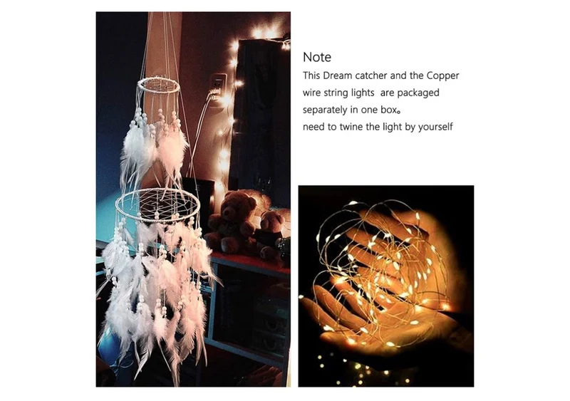 Bed Canopy with Double Circle White Feather Dream Catcher and 50 LED Fairy String Lights - Unique Style Dome Bed Netting Canopy Curtains Canopy