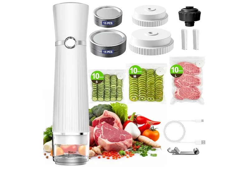 Vacuum Sealer for Food (Compact Vacuum Sealer Machine + 30 Reusable Vacuum Bags+ 30 Mason Jar Lids), Powerful Handheld Food Sealer, Seal Meal Saver