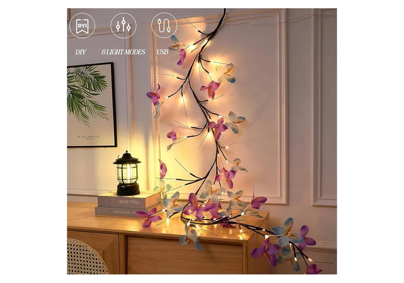 Willow Vine Light w/ Butterfly 48LED 5.9FT Enchanted Wall Decoration 8 Light Modes for Indoor Home Wall Decoration - (Warm White)