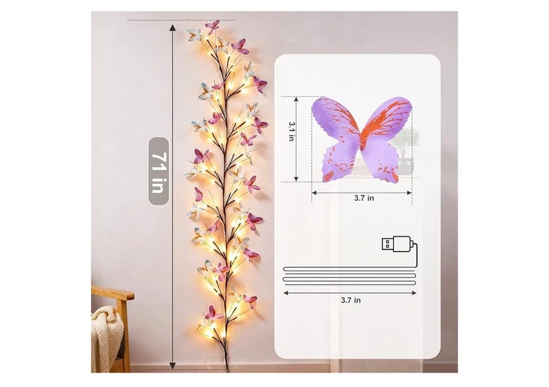 Willow Vine Light w/ Butterfly 48LED 5.9FT Enchanted Wall Decoration 8 Light Modes for Indoor Home Wall Decoration - (Warm White)