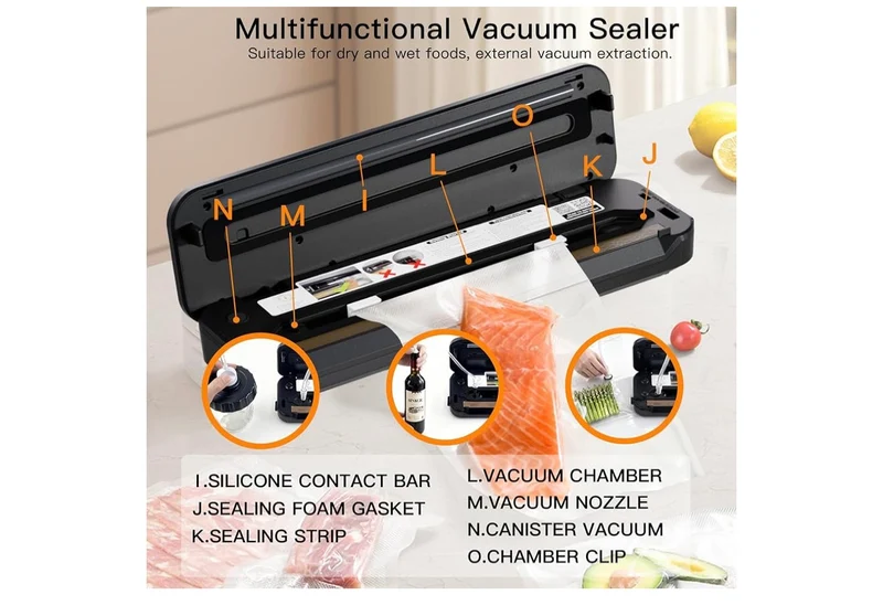 Vacuum Sealer Machine, 80kPa Food Sealer with One-Touch Vacuum & Seal, Built-in Cutter and Bags, 4 Food Modes - (Silver)