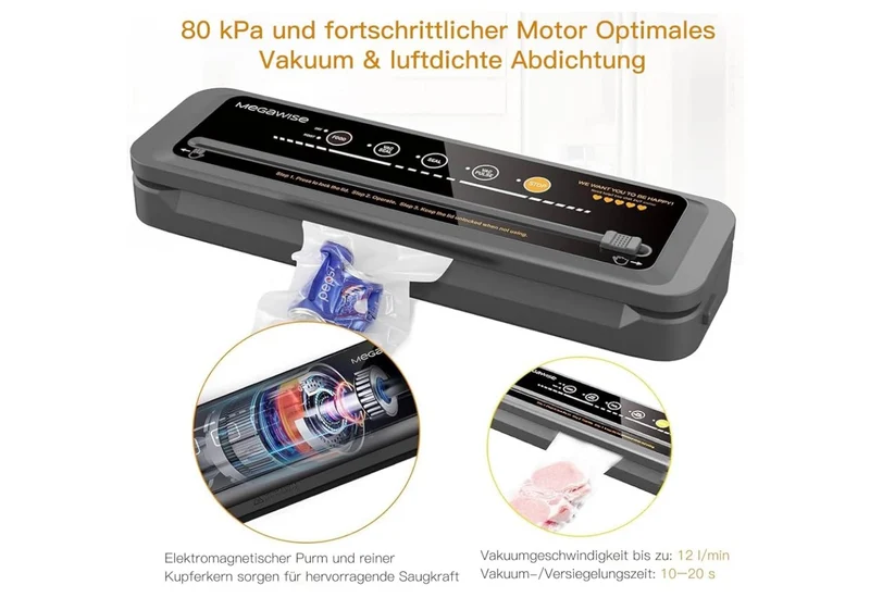 Food Vacuum Sealer Machine – High-Power 80kPa Suction, One-Touch Operation, Built-in Cutter – Works with All Food Types - (Black)