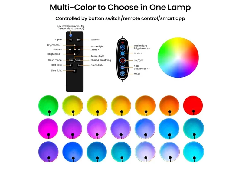 Sunset Lamp Projector w/ Remote Control, Multiple Colors LED APP Control Sunset Light Three Control Methods Night Light