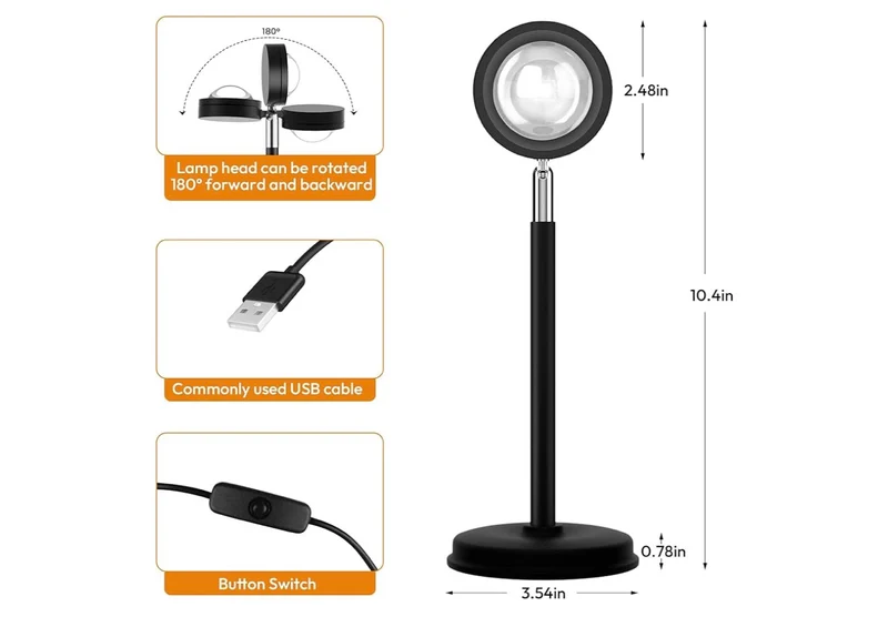Sunset Lamp Projector,180 Degree Rotation Sun Projection Light Led Night Light Floor Lamp w/ USB Port
