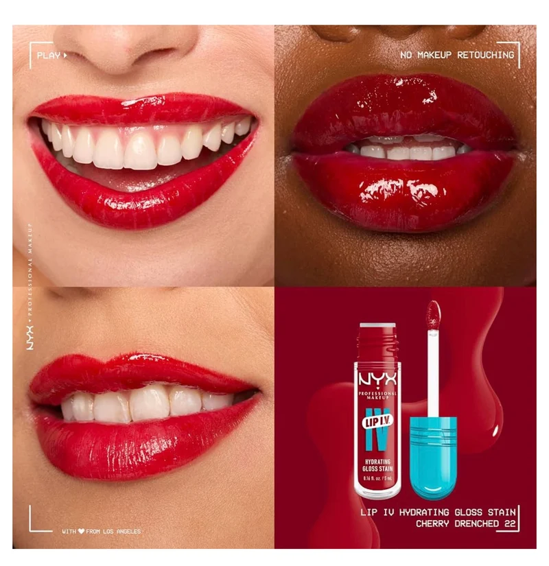 NYX PRO MAKEUP Lip IV Hydrating Glossy Lip Stain, Long-Lasting, Tinted, Vegan Formula with 12 HR Hydration - Cherry Drenched (Red)