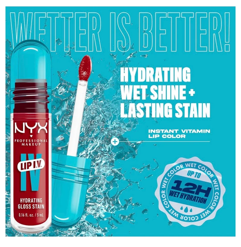 NYX PRO MAKEUP Lip IV Hydrating Glossy Lip Stain, Long-Lasting, Tinted, Vegan Formula with 12 HR Hydration - Cherry Drenched (Red)