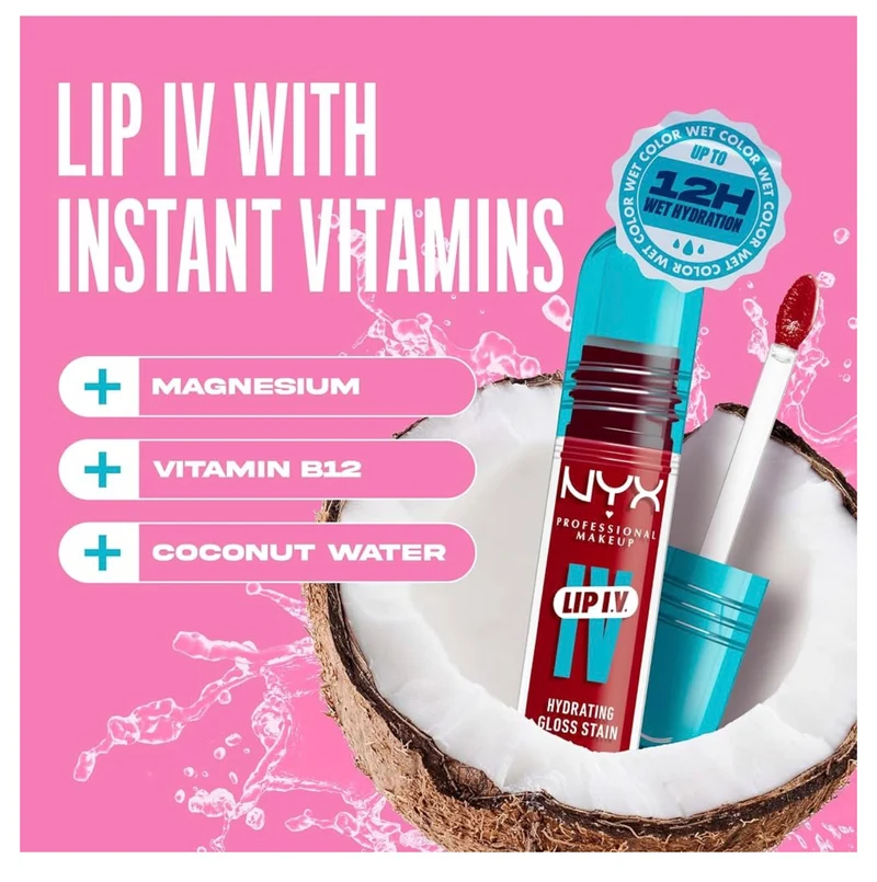 NYX PRO MAKEUP Lip IV Hydrating Glossy Lip Stain, Long-Lasting, Tinted, Vegan Formula with 12 HR Hydration - Cherry Drenched (Red)
