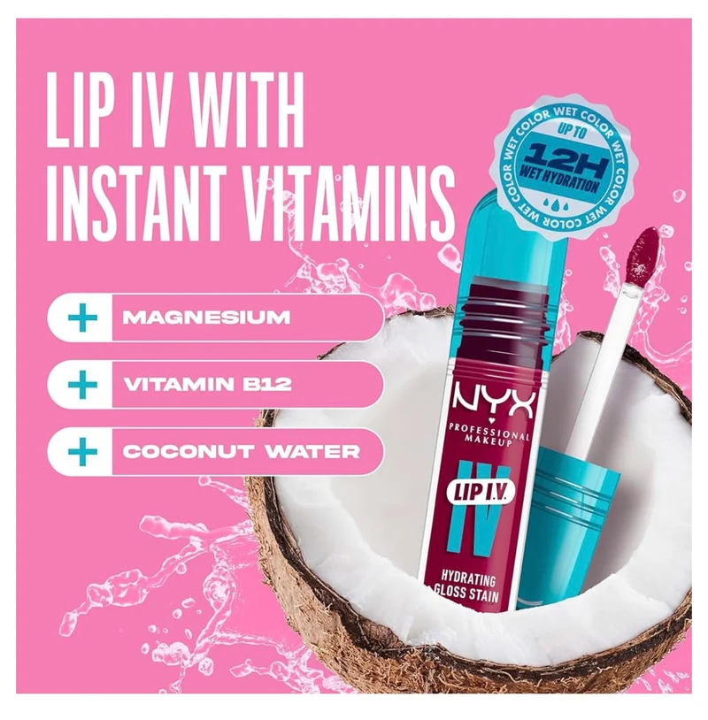 NYX PRO MAKEUP Lip IV Hydrating Glossy Lip Stain, Long-Lasting, Tinted, Vegan Formula with 12 HR Hydration - Magenta Mist (Berry)