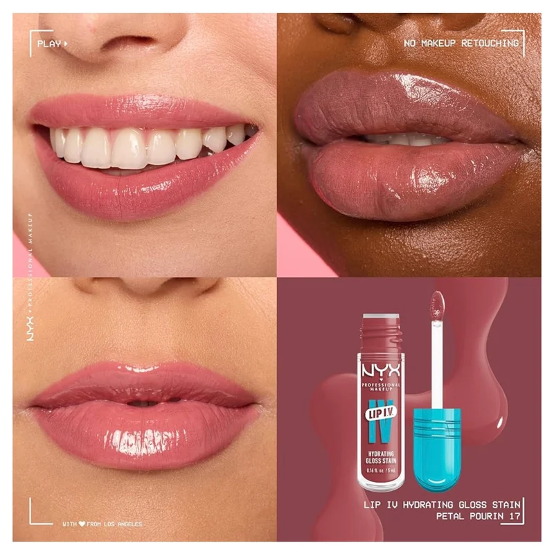 NYX PRO MAKEUP Lip IV Hydrating Glossy Lip Stain, Long-Lasting, Tinted, Vegan Formula with 12 HR Hydration - Petal Pourin' (Pink)