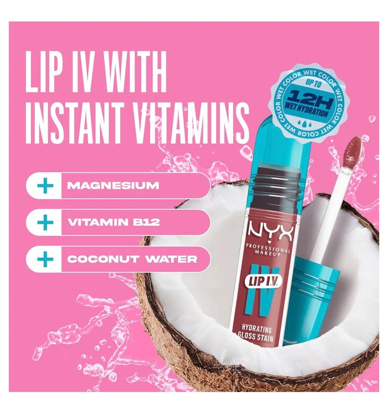 NYX PRO MAKEUP Lip IV Hydrating Glossy Lip Stain, Long-Lasting, Tinted, Vegan Formula with 12 HR Hydration - Petal Pourin' (Pink)