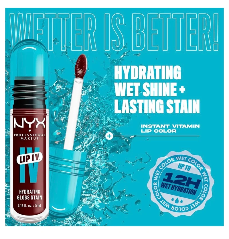 NYX PRO MAKEUP Lip IV Hydrating Glossy Lip Stain with 12HR Hydration - Water Bout Wine (Red)