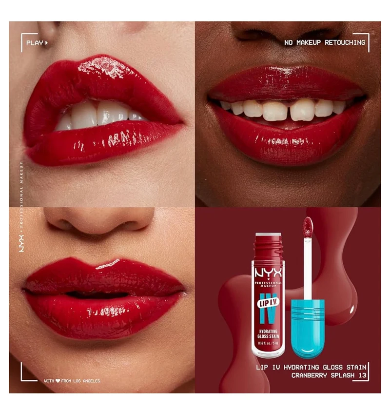 NYX PRO MAKEUP Lip IV Hydrating Glossy Lip Stain with 12HR Hydration - Cranberry Splash (Red)