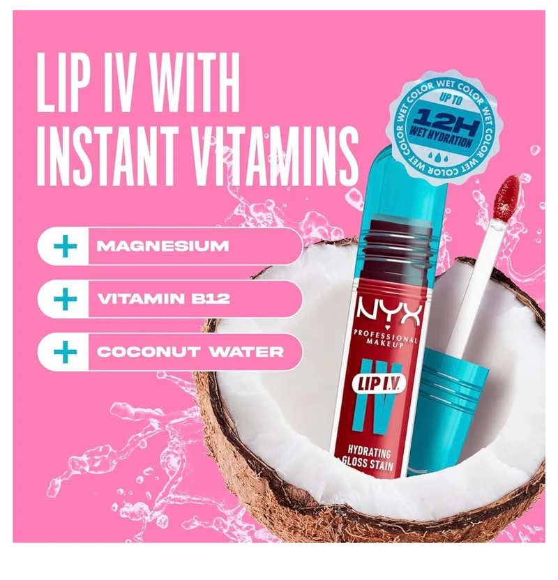 NYX PRO MAKEUP Lip IV Hydrating Glossy Lip Stain with 12HR Hydration - Berry Thirsty (Red)