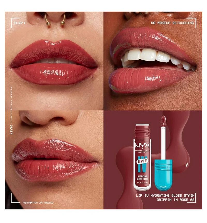 NYX PRO MAKEUP Lip IV Hydrating Glossy Lip Stain with 12HR Hydration - Drippin In Rose (Pink)