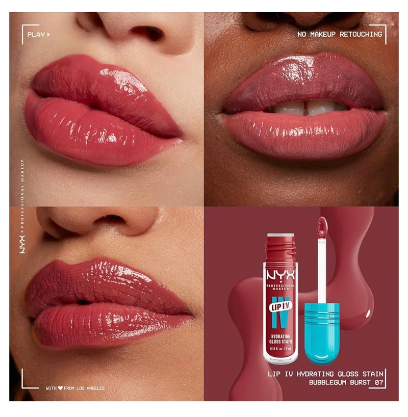 NYX PRO MAKEUP Lip IV Hydrating Glossy Lip Stain with 12HR Hydration - Bubblegum Burst (Pink)