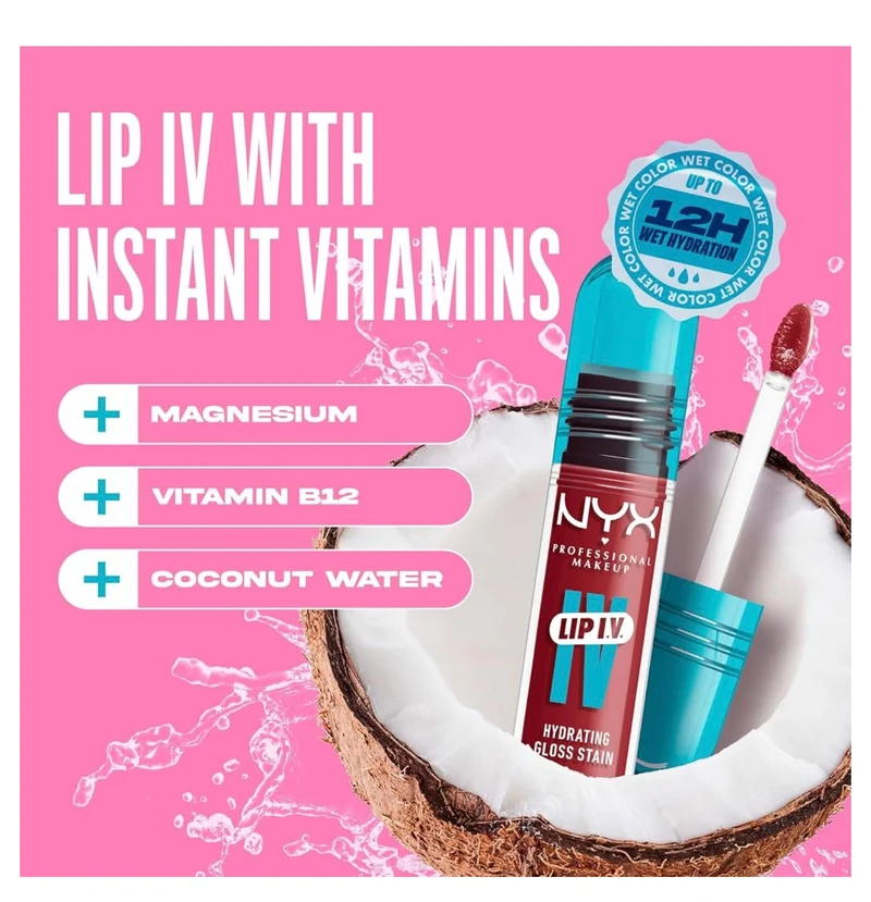 NYX PRO MAKEUP Lip IV Hydrating Glossy Lip Stain with 12HR Hydration - Bubblegum Burst (Pink)