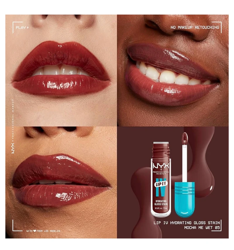 NYX PRO MAKEUP Lip IV Hydrating Glossy Lip Stain, Long-Lasting, Tinted, Vegan Formula with 12 HR Hydration - Mocha Me Wet