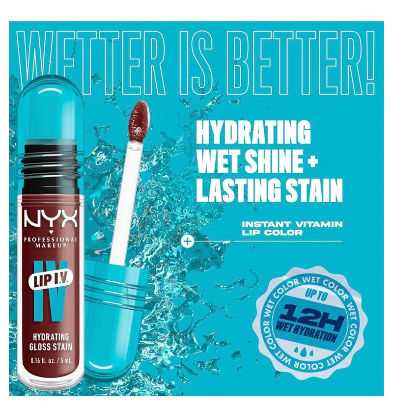 NYX PRO MAKEUP Lip IV Hydrating Glossy Lip Stain, Long-Lasting, Tinted, Vegan Formula with 12 HR Hydration - Mocha Me Wet