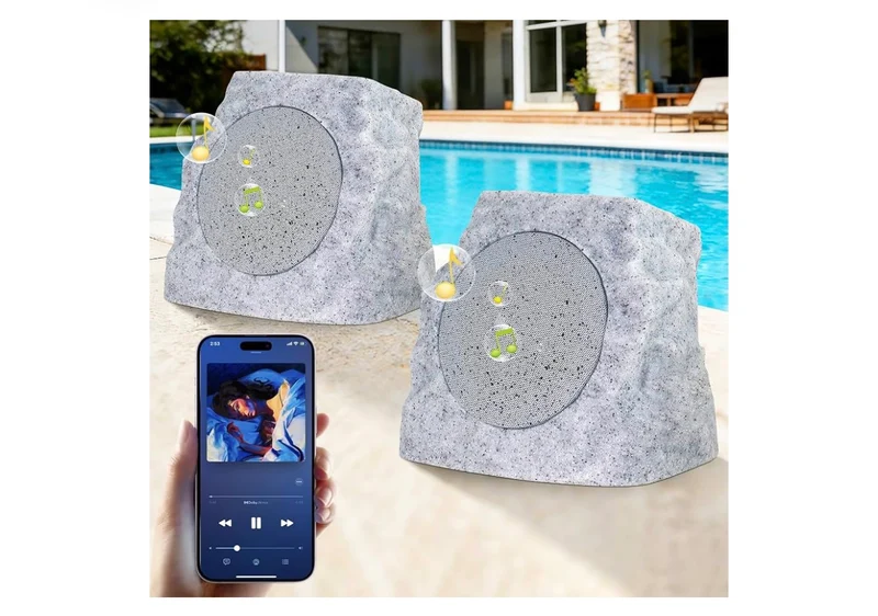Sets Rock Speakers Outdoor Waterproof w/ RGB Color Lights Multi-Sync Up to 100 Speakers,Auto-Pairing,Solar-Powered and USB Charging - (Gray)