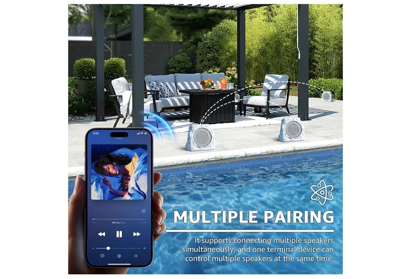 Sets Rock Speakers Outdoor Waterproof w/ RGB Color Lights Multi-Sync Up to 100 Speakers,Auto-Pairing,Solar-Powered and USB Charging - (Gray)