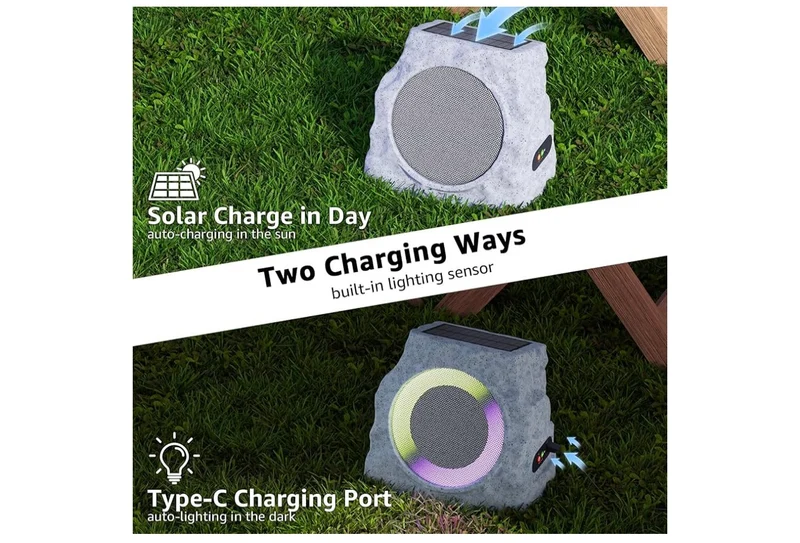 Sets Rock Speakers Outdoor Waterproof w/ RGB Color Lights Multi-Sync Up to 100 Speakers,Auto-Pairing,Solar-Powered and USB Charging - (Gray)