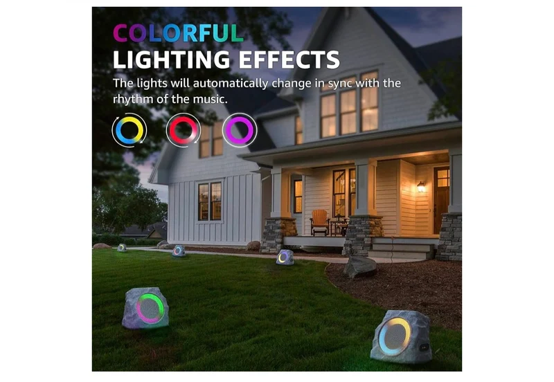 Sets Rock Speakers Outdoor Waterproof w/ RGB Color Lights Multi-Sync Up to 100 Speakers,Auto-Pairing,Solar-Powered and USB Charging - (Gray)