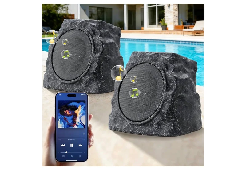 Sets Rock Speakers Outdoor Waterproof w/ RGB Color Lights Multi-Sync Up to 100 Speakers,Auto-Pairing,Solar-Powered and USB Charging - (Black)