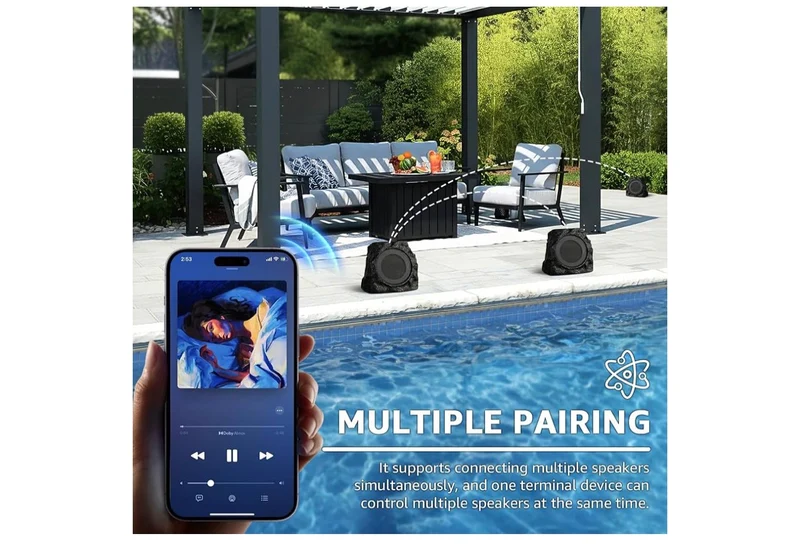 Sets Rock Speakers Outdoor Waterproof w/ RGB Color Lights Multi-Sync Up to 100 Speakers,Auto-Pairing,Solar-Powered and USB Charging - (Black)