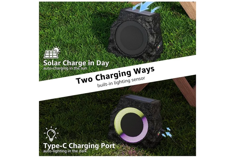 Sets Rock Speakers Outdoor Waterproof w/ RGB Color Lights Multi-Sync Up to 100 Speakers,Auto-Pairing,Solar-Powered and USB Charging - (Black)