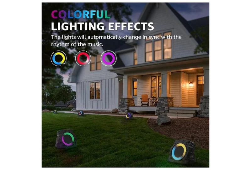 Sets Rock Speakers Outdoor Waterproof w/ RGB Color Lights Multi-Sync Up to 100 Speakers,Auto-Pairing,Solar-Powered and USB Charging - (Black)