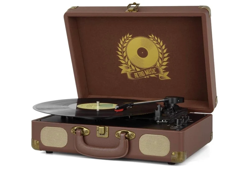 Vinyl Record Player Bluetooth Turntable 3-Speed Suitcase Portable Vintage Belt-Driven Record Player with Built-in Speakers RCA Line Out AUX - (Brown)