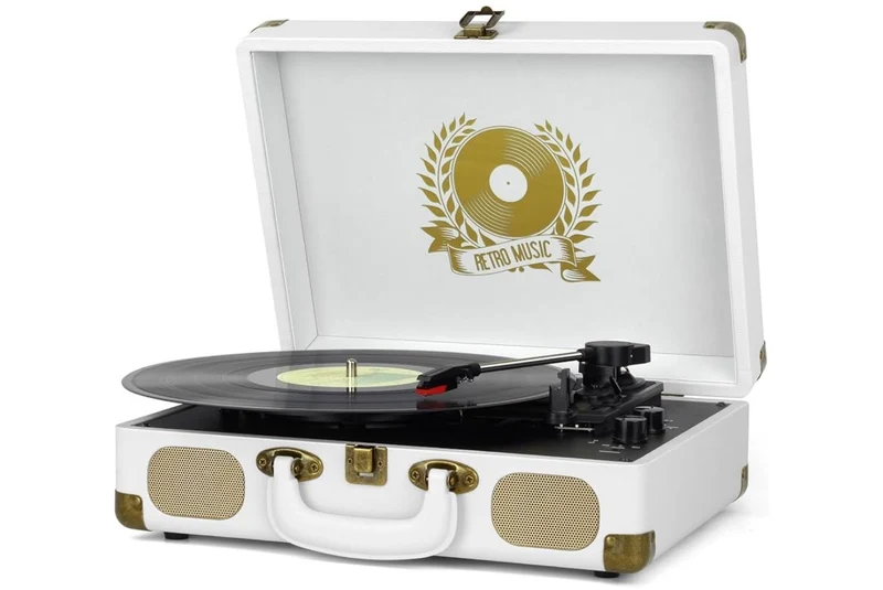 Record Player Bluetooth Turntable 3-Speed Suitcase Portable Vintage Belt-Driven Vinyl Record Player with Built-in Speakers RCA Line Out AUX - (White)