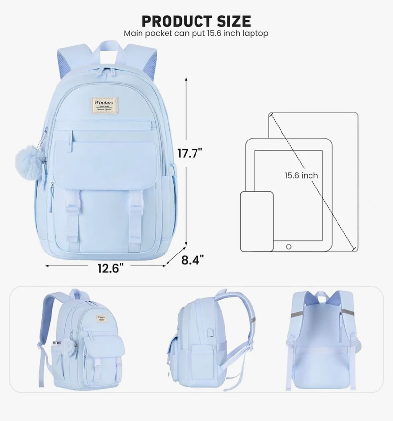 School Backpack for Teen Girls, Cute College Aesthetic Bookbag Large 15.6 Inch Laptop Bag Middle School Travel Back Pack - (Blue)