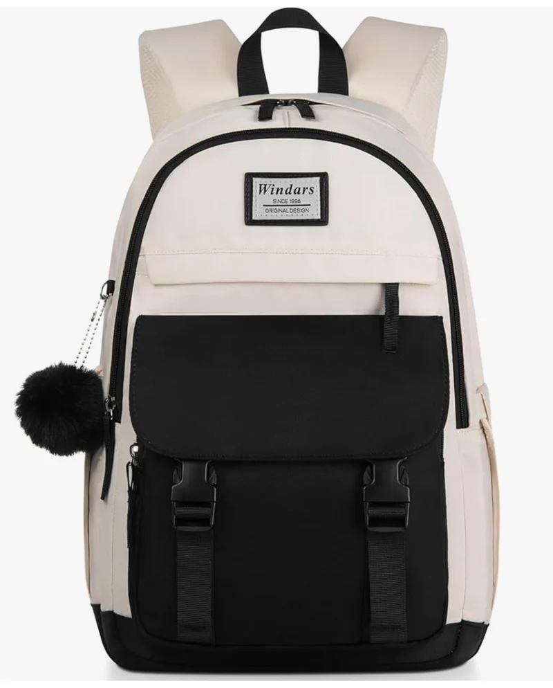 School Backpack for Teen Girls, Cute College Aesthetic Bookbag Large 15.6 Inch Laptop Bag Middle School Travel Back Pack - (Black Beige)