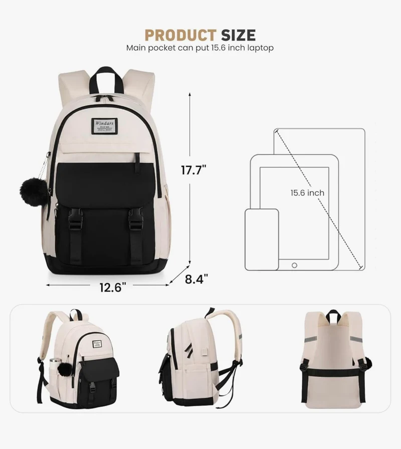 School Backpack for Teen Girls, Cute College Aesthetic Bookbag Large 15.6 Inch Laptop Bag Middle School Travel Back Pack - (Black Beige)