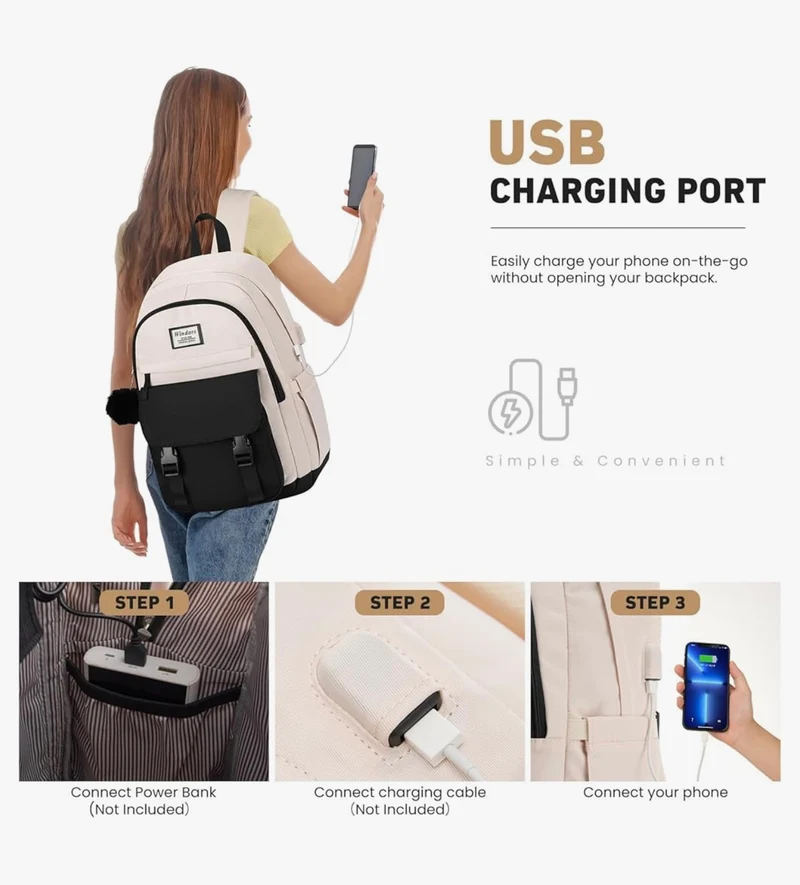 School Backpack for Teen Girls, Cute College Aesthetic Bookbag Large 15.6 Inch Laptop Bag Middle School Travel Back Pack - (Black Beige)
